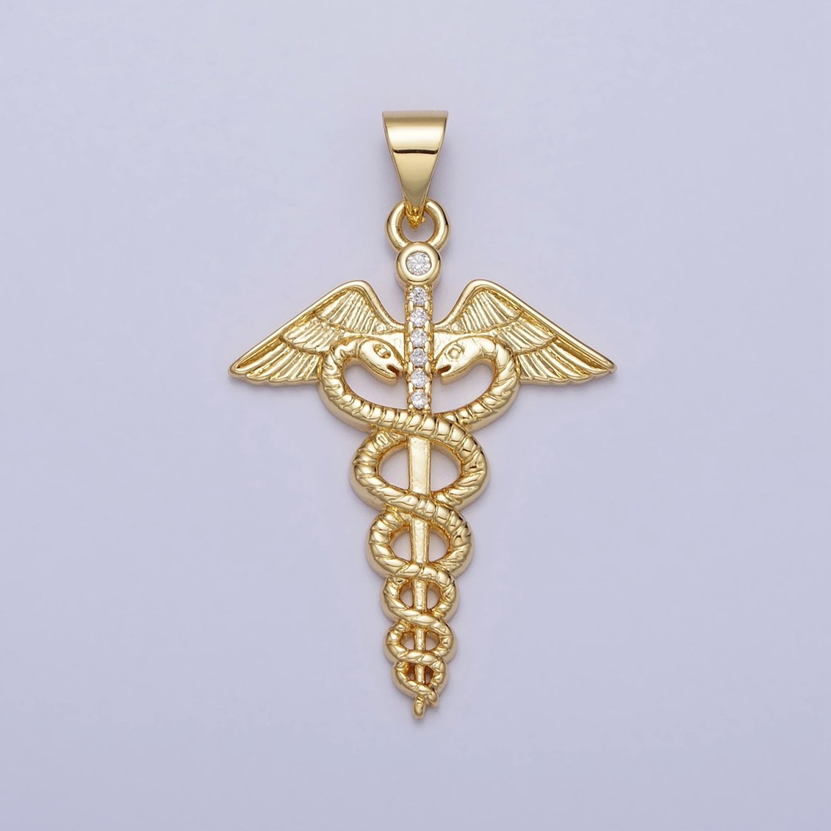 Gold Medicine Caduceus Symbol Hermes Roman Mercury Micro Paved CZ Pendant | AA155 - DLUXCA