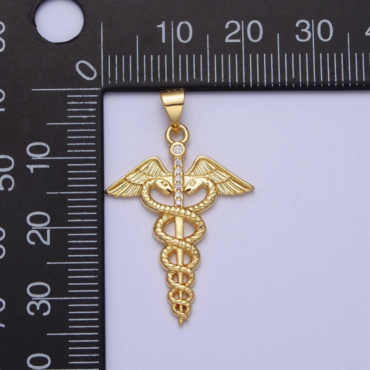 Gold Medicine Caduceus Symbol Hermes Roman Mercury Micro Paved CZ Pendant | AA155 - DLUXCA