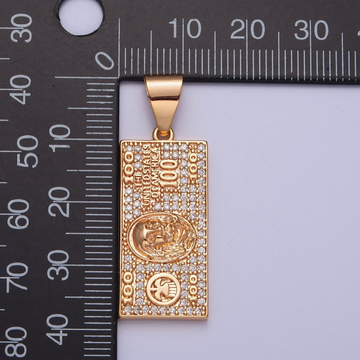 Gold Micro Pave $100 Dollar Bill, Rich Money Pendant Charm For DIY Jewelry Making J-490 - DLUXCA