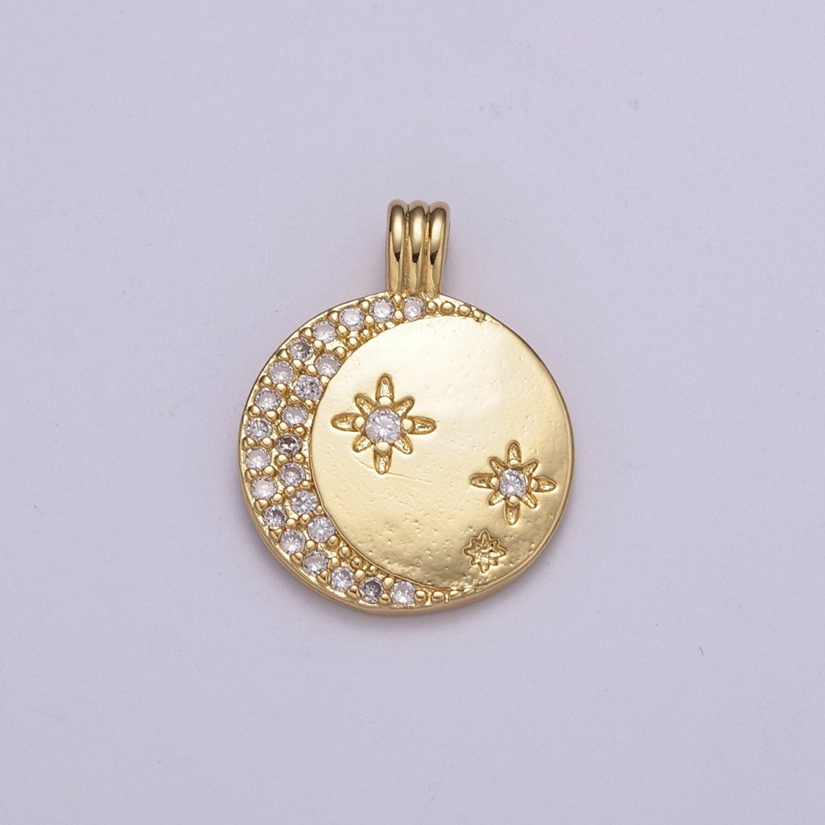 Gold Micro Pave Crescent Moon Charm Star Medallion Pendant for Necklace N-522 - DLUXCA