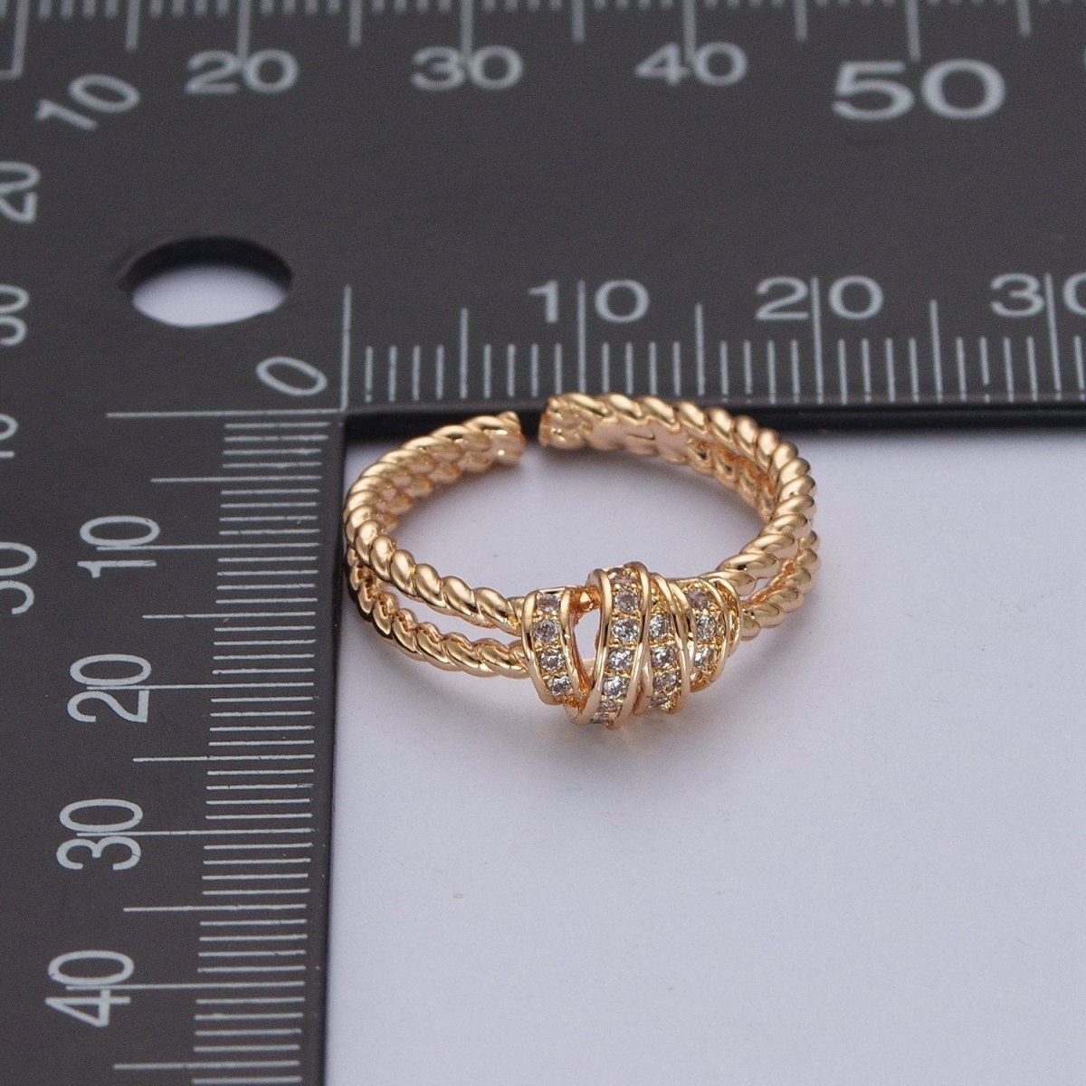 Gold Micro Pave Cubic Zirconia CZ Twist Double Band Adjustable Ring O-448 - DLUXCA