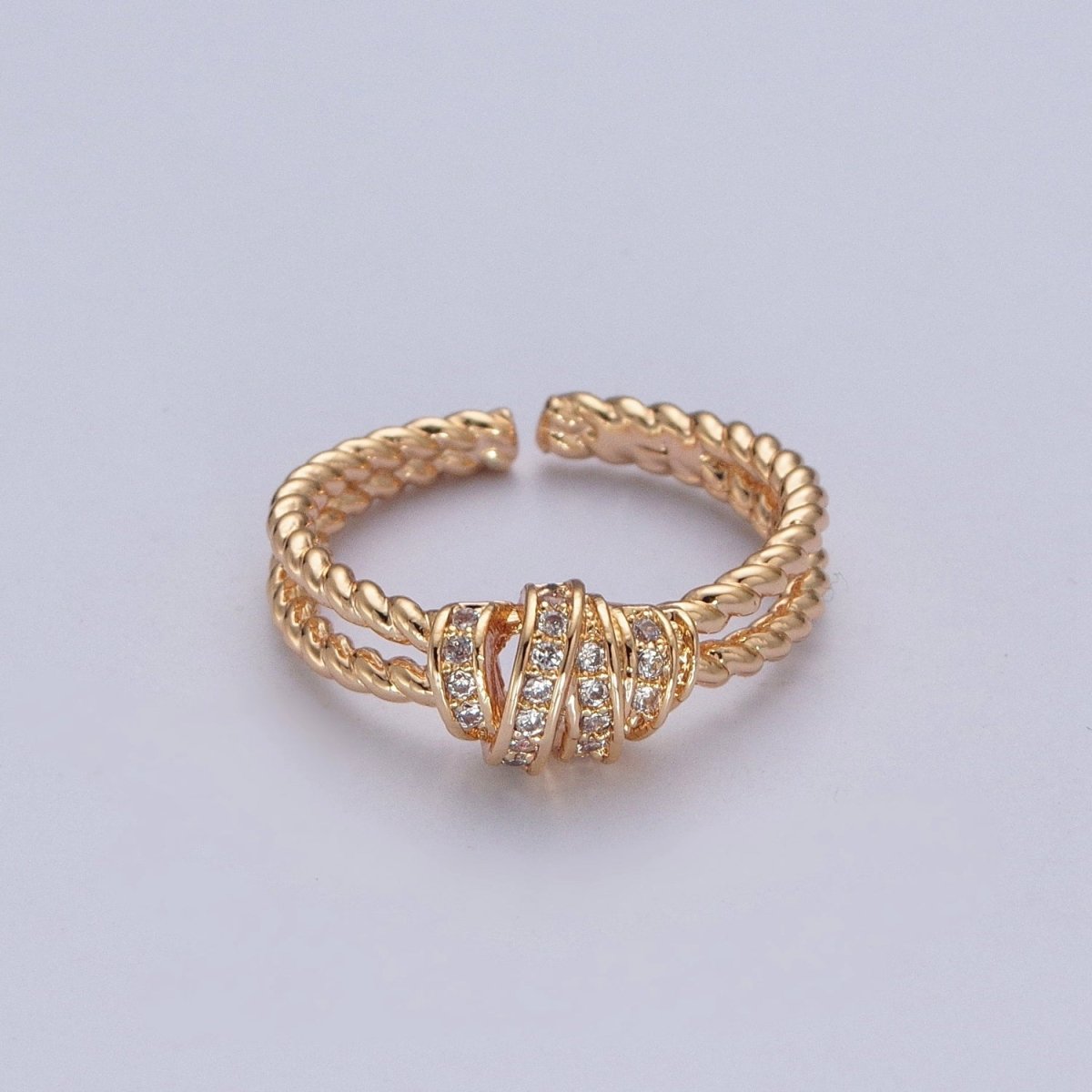 Gold Micro Pave Cubic Zirconia CZ Twist Double Band Adjustable Ring O-448 - DLUXCA