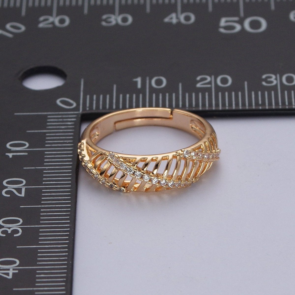 Gold Micro Pave Cubic Zirconia Open Bar Adjustable Ring R-533 - DLUXCA