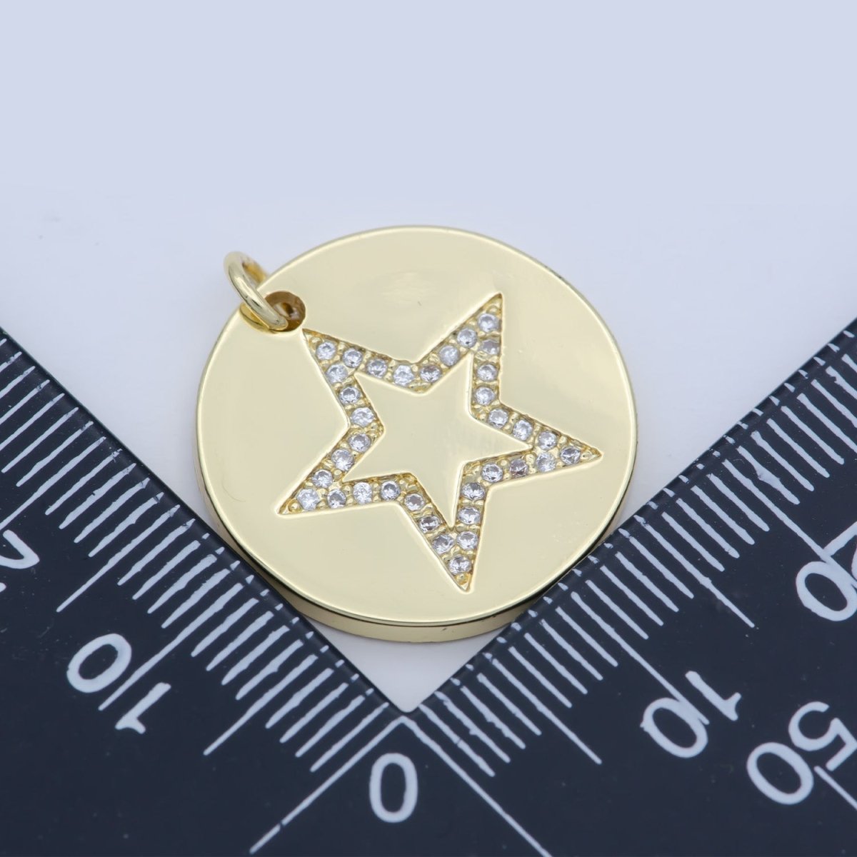 Gold Micro Pave CZ Star Charm, Cubic Galaxy Micro Pave CZ Pendant, Coin Pendant, Celestial Jewelry M-355 - DLUXCA