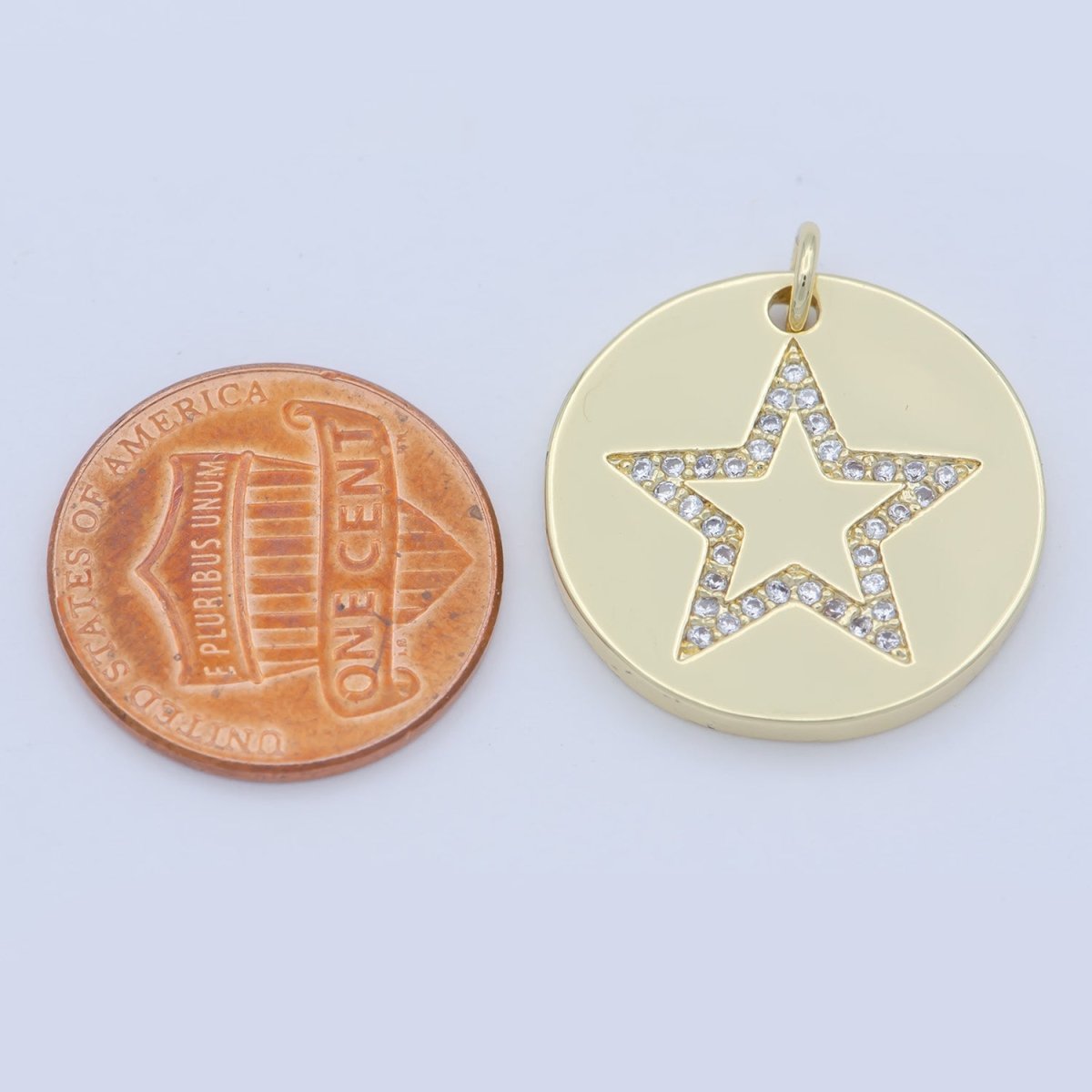 Gold Micro Pave CZ Star Charm, Cubic Galaxy Micro Pave CZ Pendant, Coin Pendant, Celestial Jewelry M-355 - DLUXCA