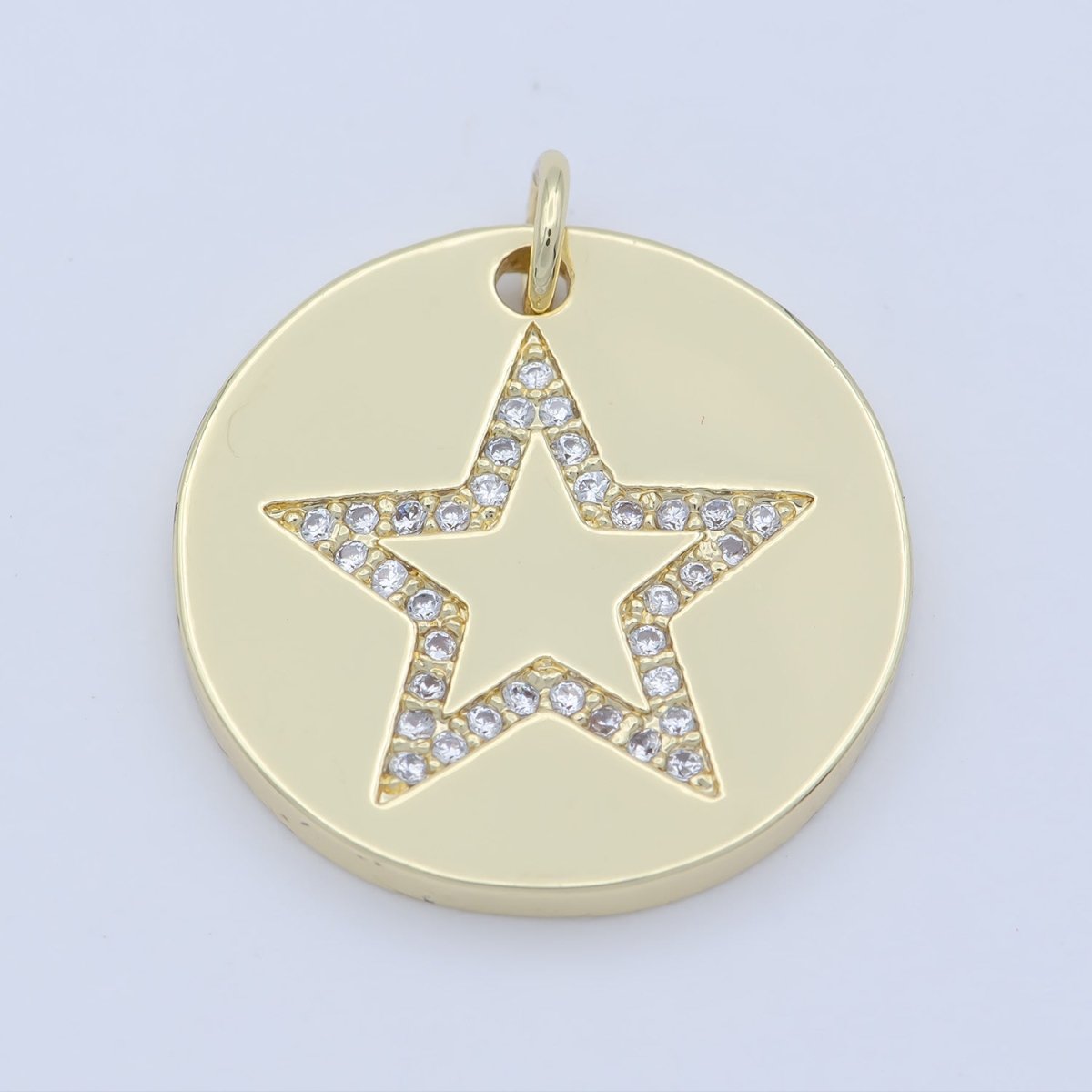 Gold Micro Pave CZ Star Charm, Cubic Galaxy Micro Pave CZ Pendant, Coin Pendant, Celestial Jewelry M-355 - DLUXCA