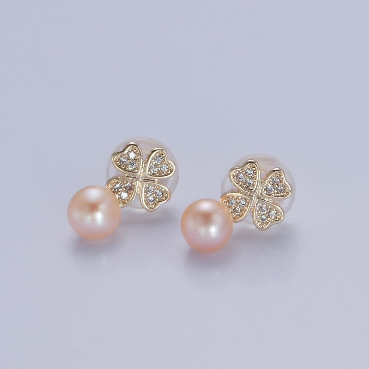 Gold Micro Pave Pearl Clover Stud Earring V-379 V-380 V-381 - DLUXCA