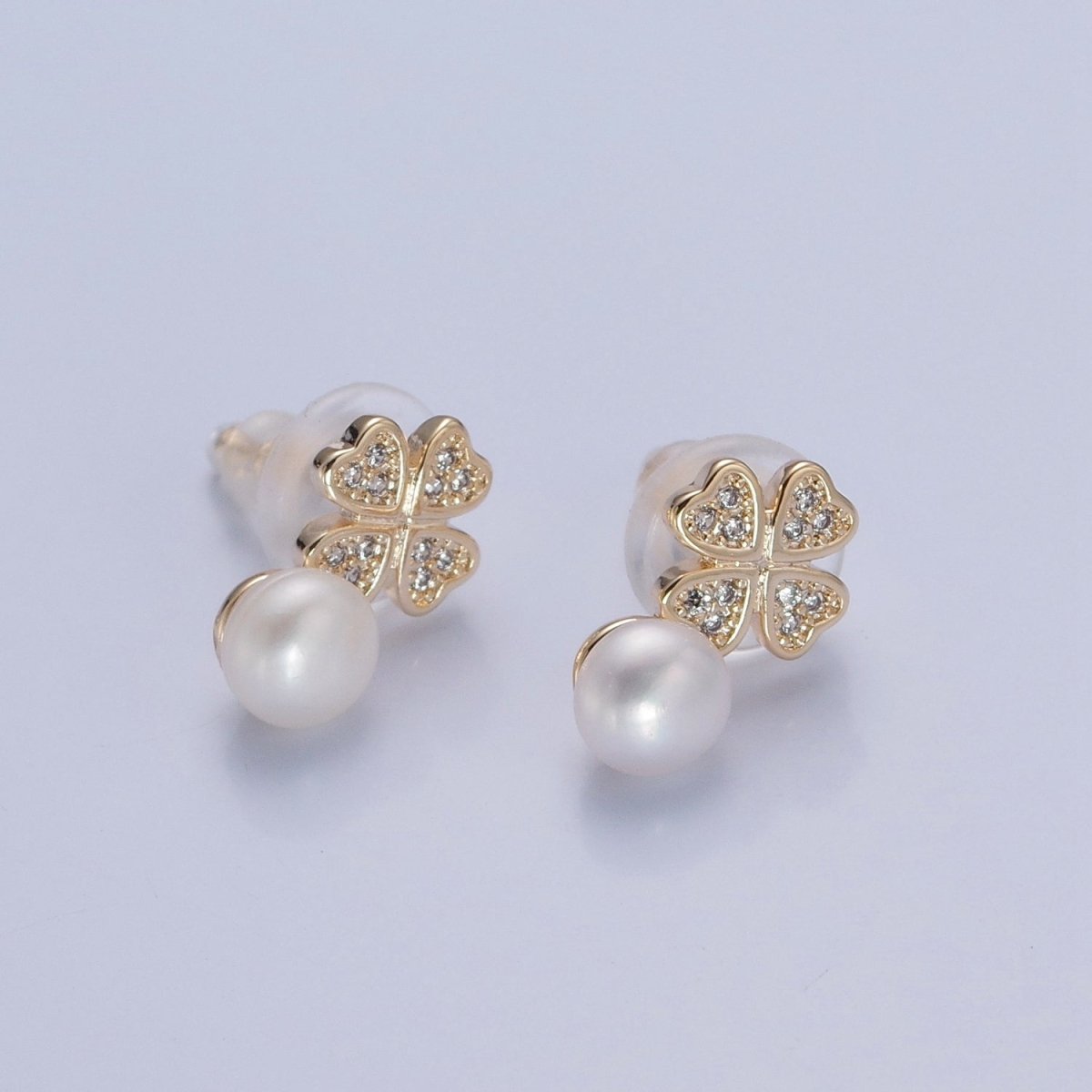 Gold Micro Pave Pearl Clover Stud Earring V-379 V-380 V-381 - DLUXCA