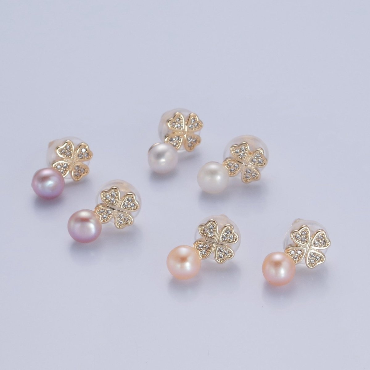 Gold Micro Pave Pearl Clover Stud Earring V-379 V-380 V-381 - DLUXCA