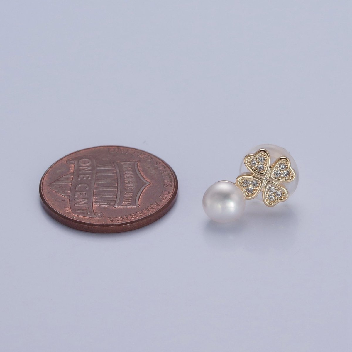 Gold Micro Pave Pearl Clover Stud Earring V-379 V-380 V-381 - DLUXCA