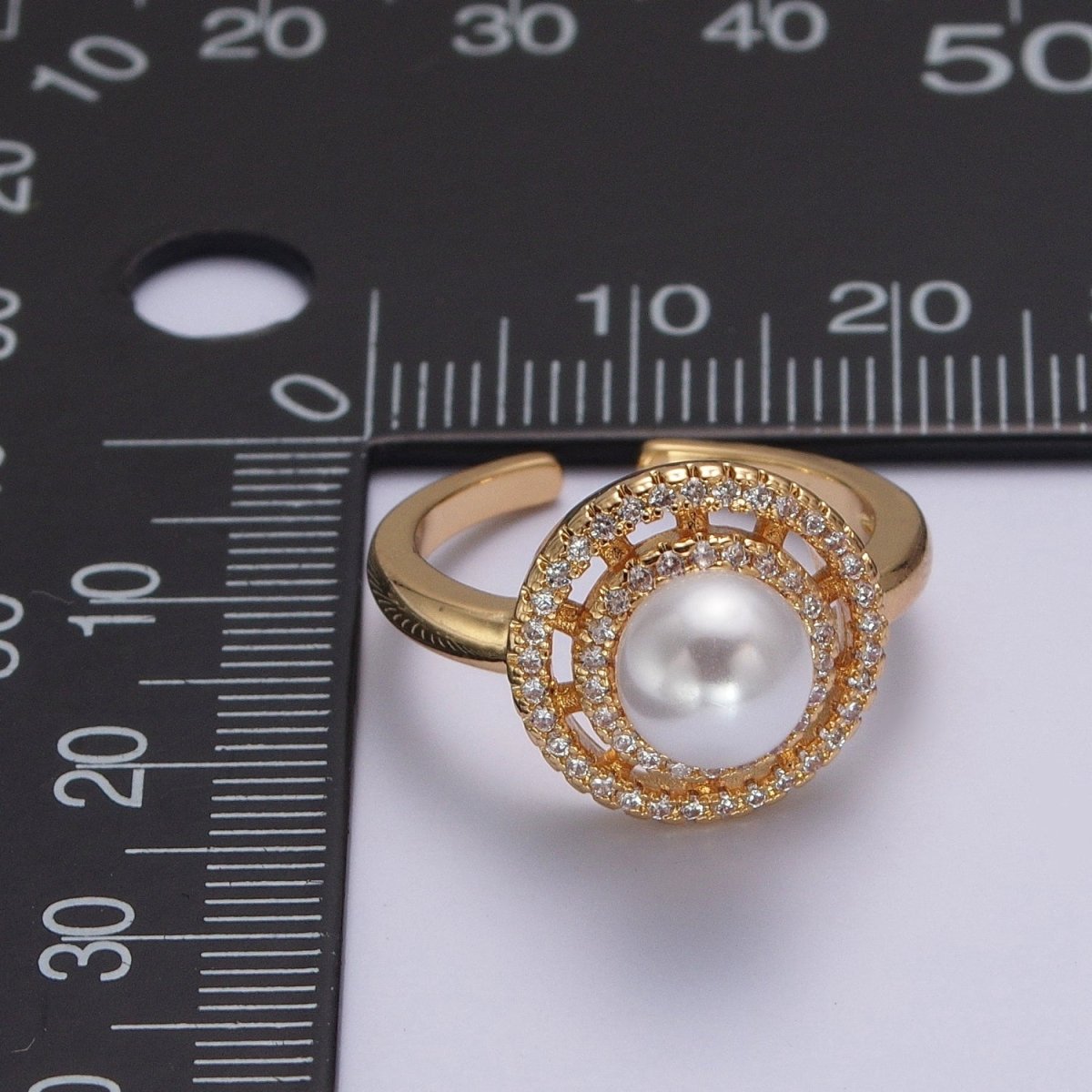 Gold Micro Pave Round Shell Pearl Adjustable Ring O-792 - DLUXCA