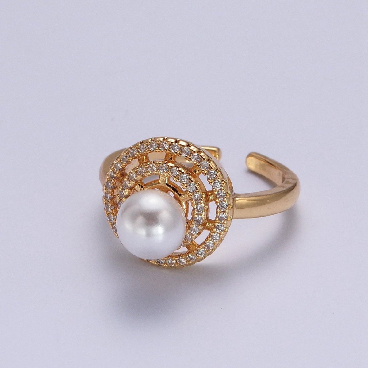 Gold Micro Pave Round Shell Pearl Adjustable Ring O-792 - DLUXCA