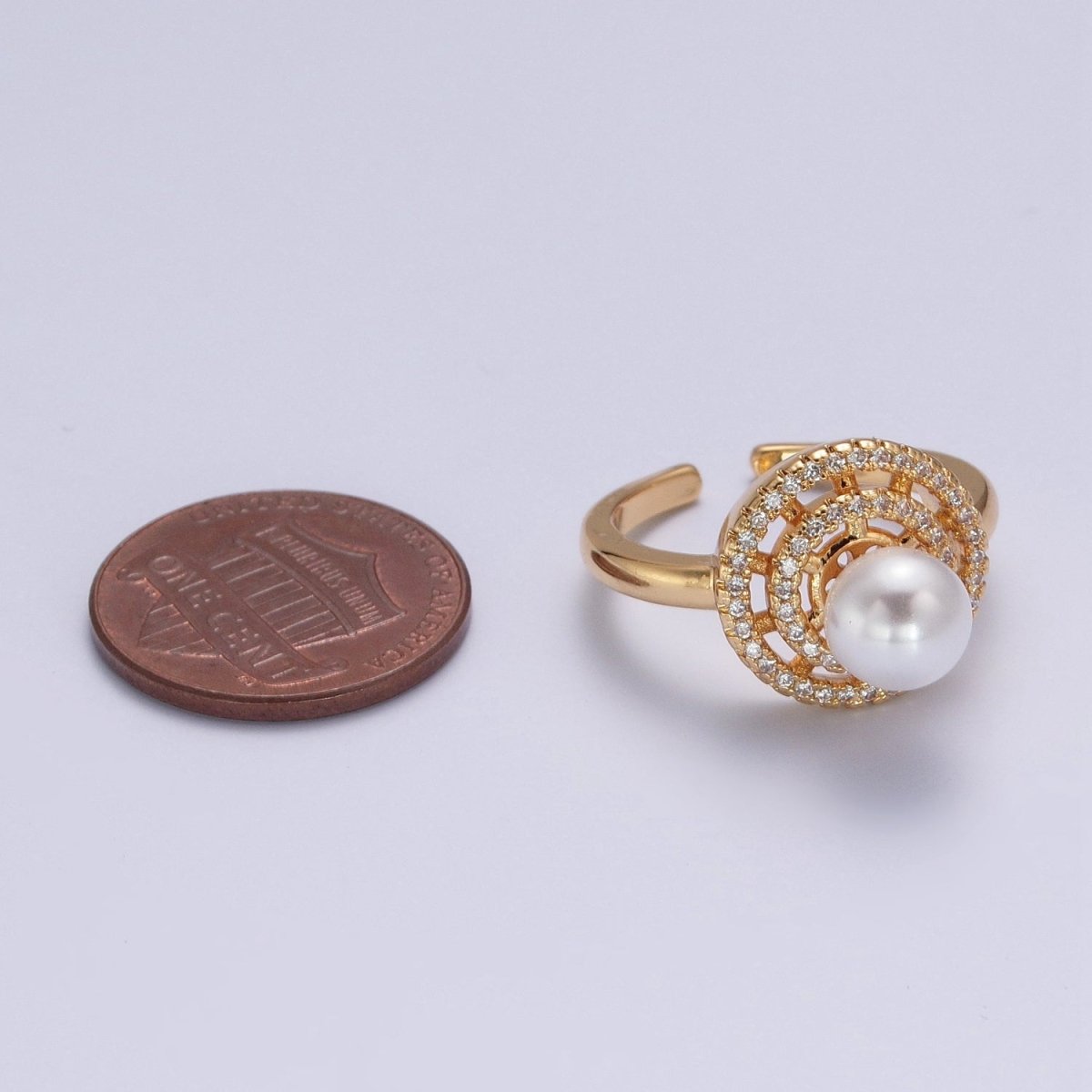 Gold Micro Pave Round Shell Pearl Adjustable Ring O-792 - DLUXCA