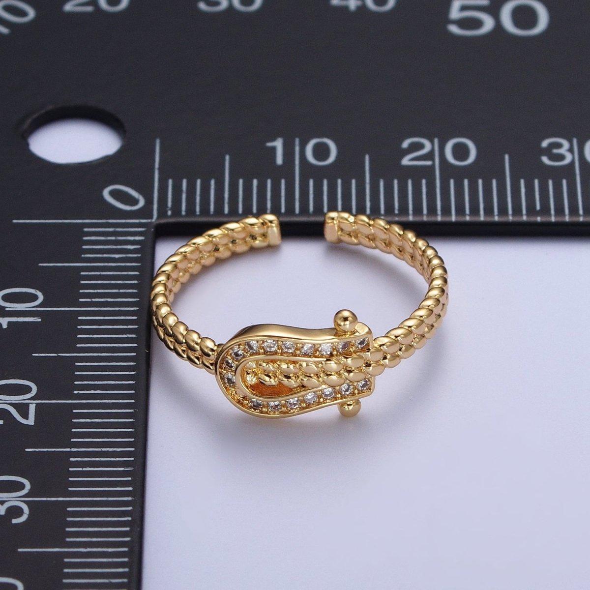 Gold Micro Paved Clear Cubic Zirconia Belt Buckle Twisted Braided Adjustable Ring | X-585 - DLUXCA