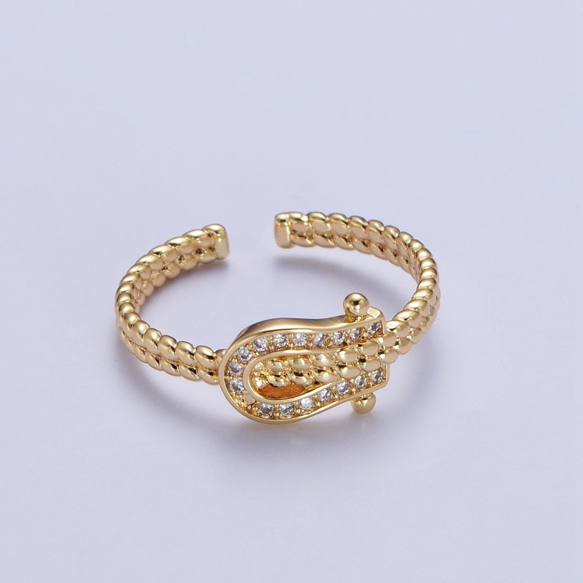 Gold Micro Paved Clear Cubic Zirconia Belt Buckle Twisted Braided Adjustable Ring | X-585 - DLUXCA