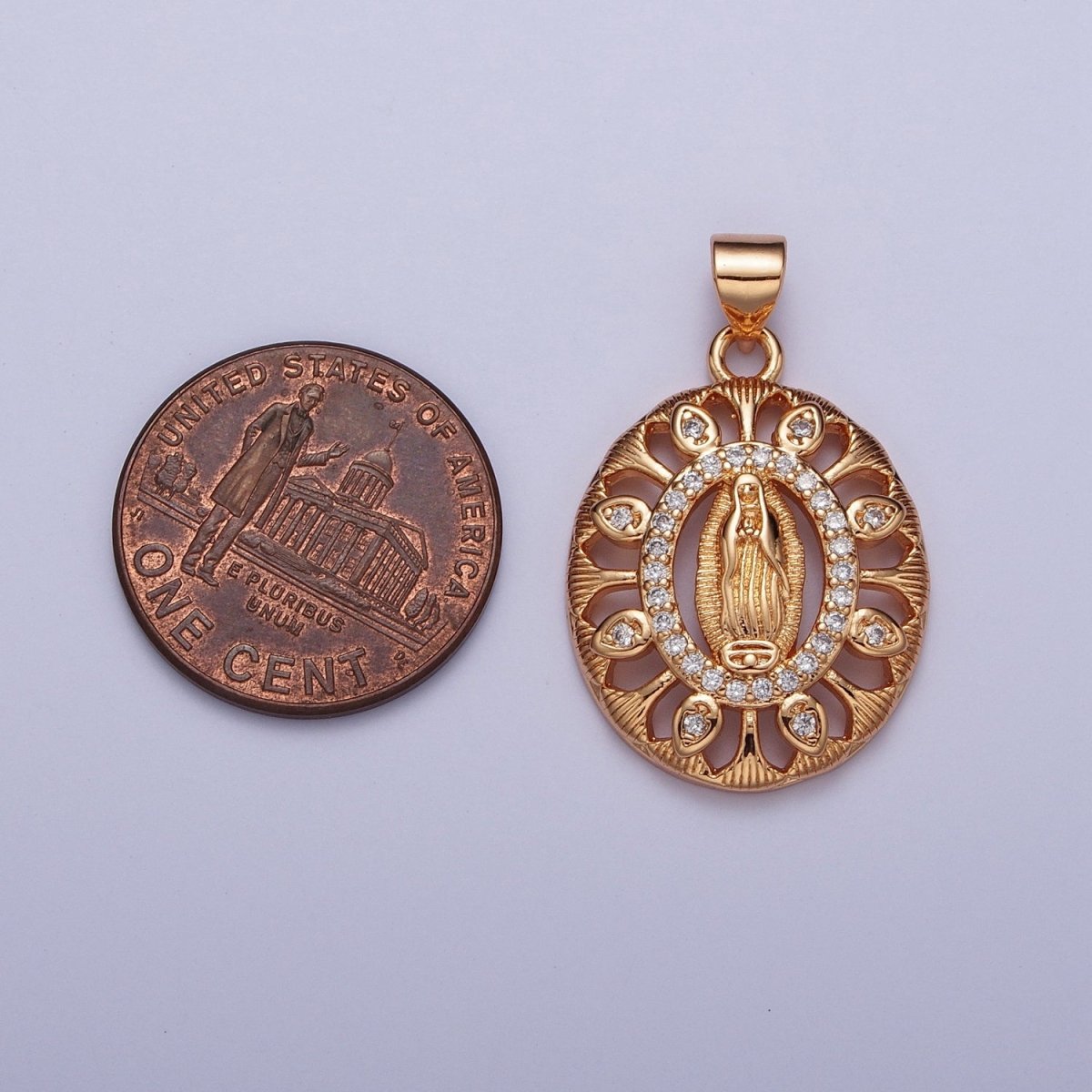 Gold Micro Paved CZ Lady Guadalupe Oval Medallion Pendant For DIY Religious Jewelry Making H-140 - DLUXCA