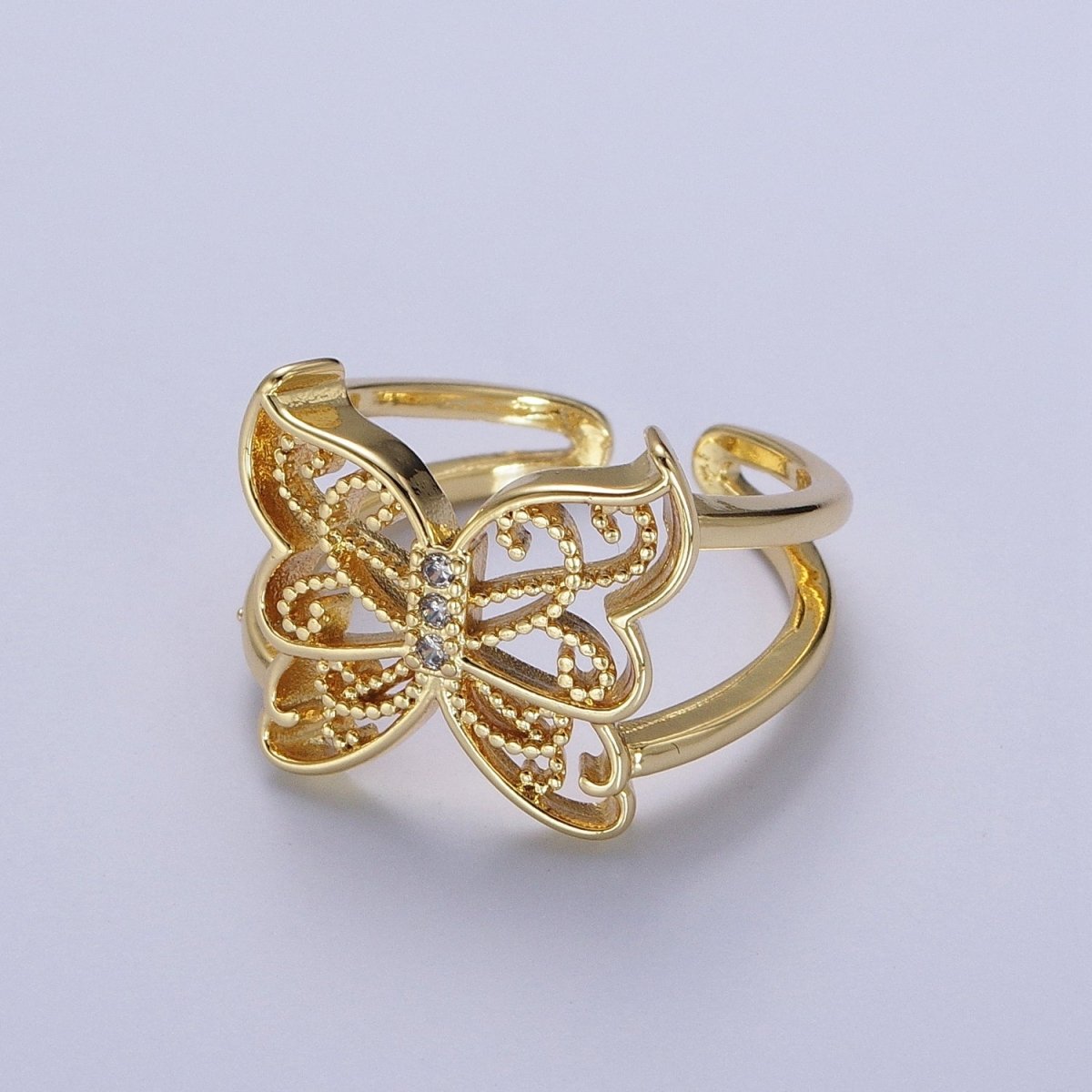 Gold Micro Paved CZ Mariposa Butterfly Engraved Wings Double Band Statement Ring | O-1984 - DLUXCA