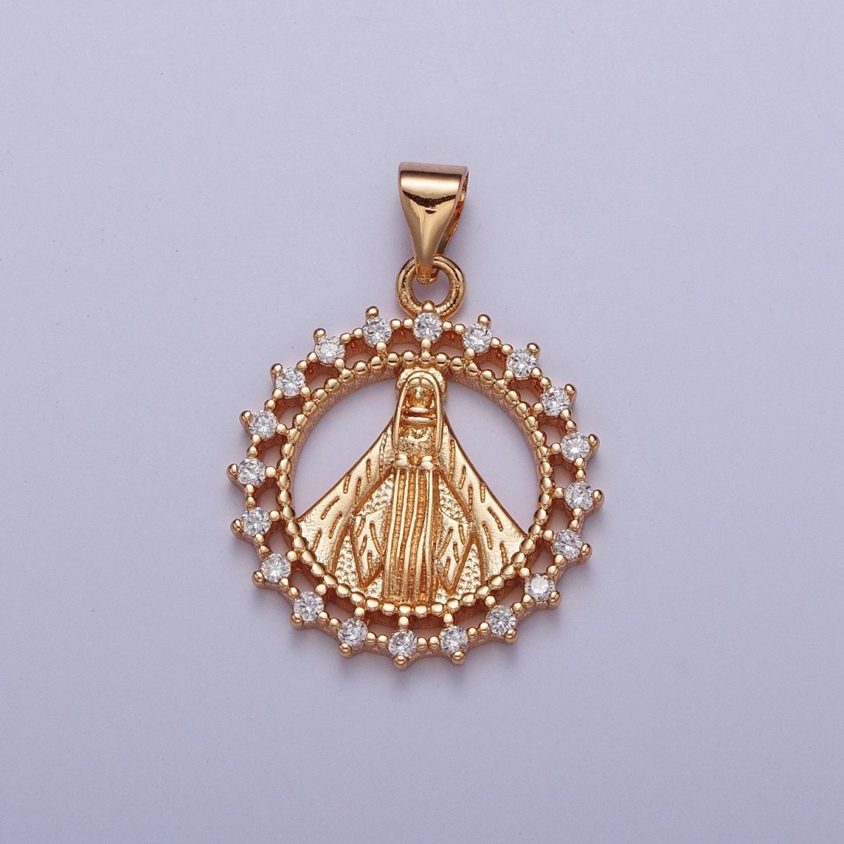 Gold Micro Paved CZ Miraculous Lady Round Medallion Pendant Lady Guadalupe Virgin Mary For DIY Religious Jewelry Making H-730 - DLUXCA