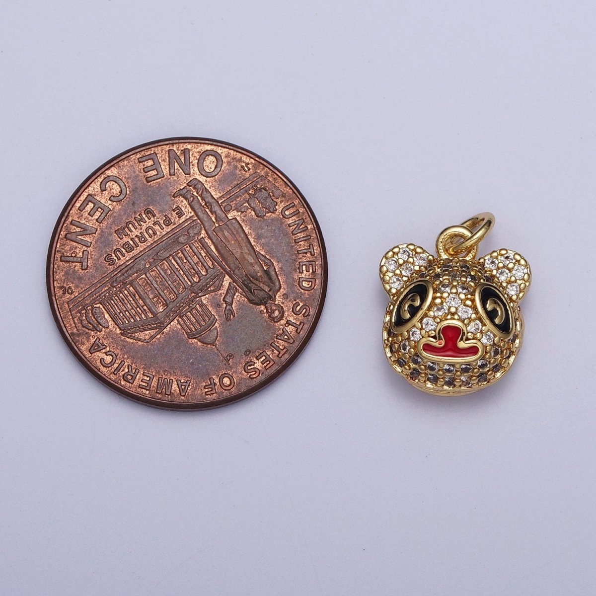 Gold Micro Paved CZ Panda Bear with Red & Black Enamel Charm AG-117 - DLUXCA