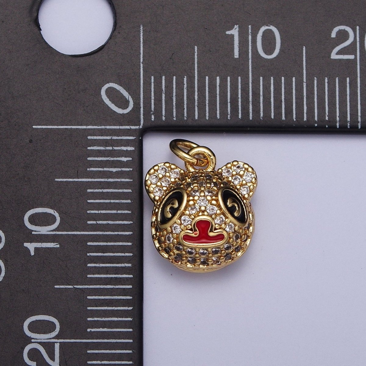 Gold Micro Paved CZ Panda Bear with Red & Black Enamel Charm AG-117 - DLUXCA