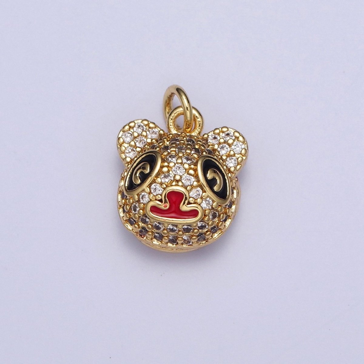 Gold Micro Paved CZ Panda Bear with Red & Black Enamel Charm AG-117 - DLUXCA