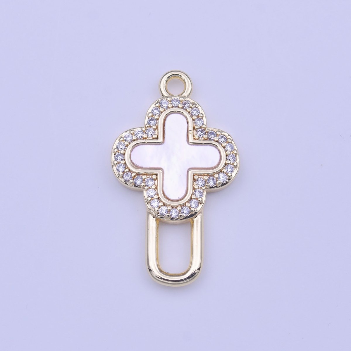 Gold Micro Paved CZ Quatrefoil Shell Pearl Cross Geometric Charm | C-424 - DLUXCA