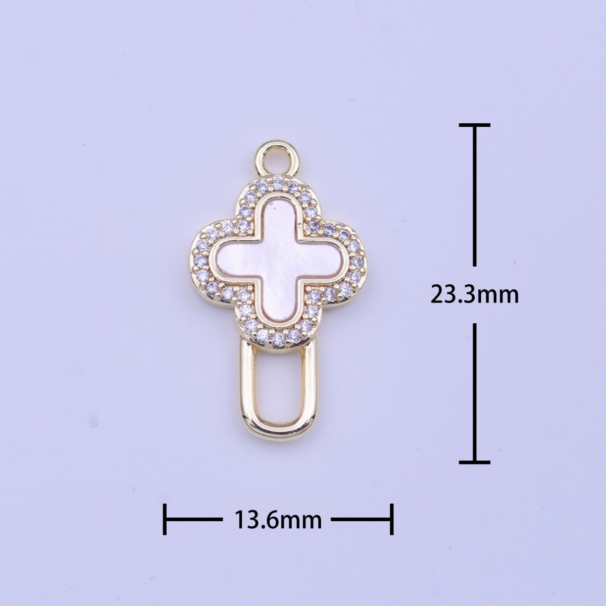 Gold Micro Paved CZ Quatrefoil Shell Pearl Cross Geometric Charm | C-424 - DLUXCA