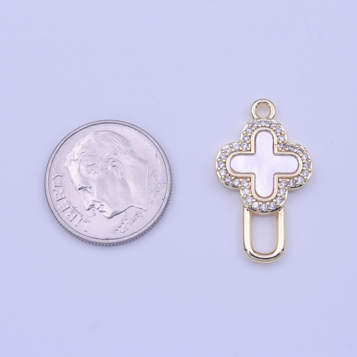 Gold Micro Paved CZ Quatrefoil Shell Pearl Cross Geometric Charm | C-424 - DLUXCA