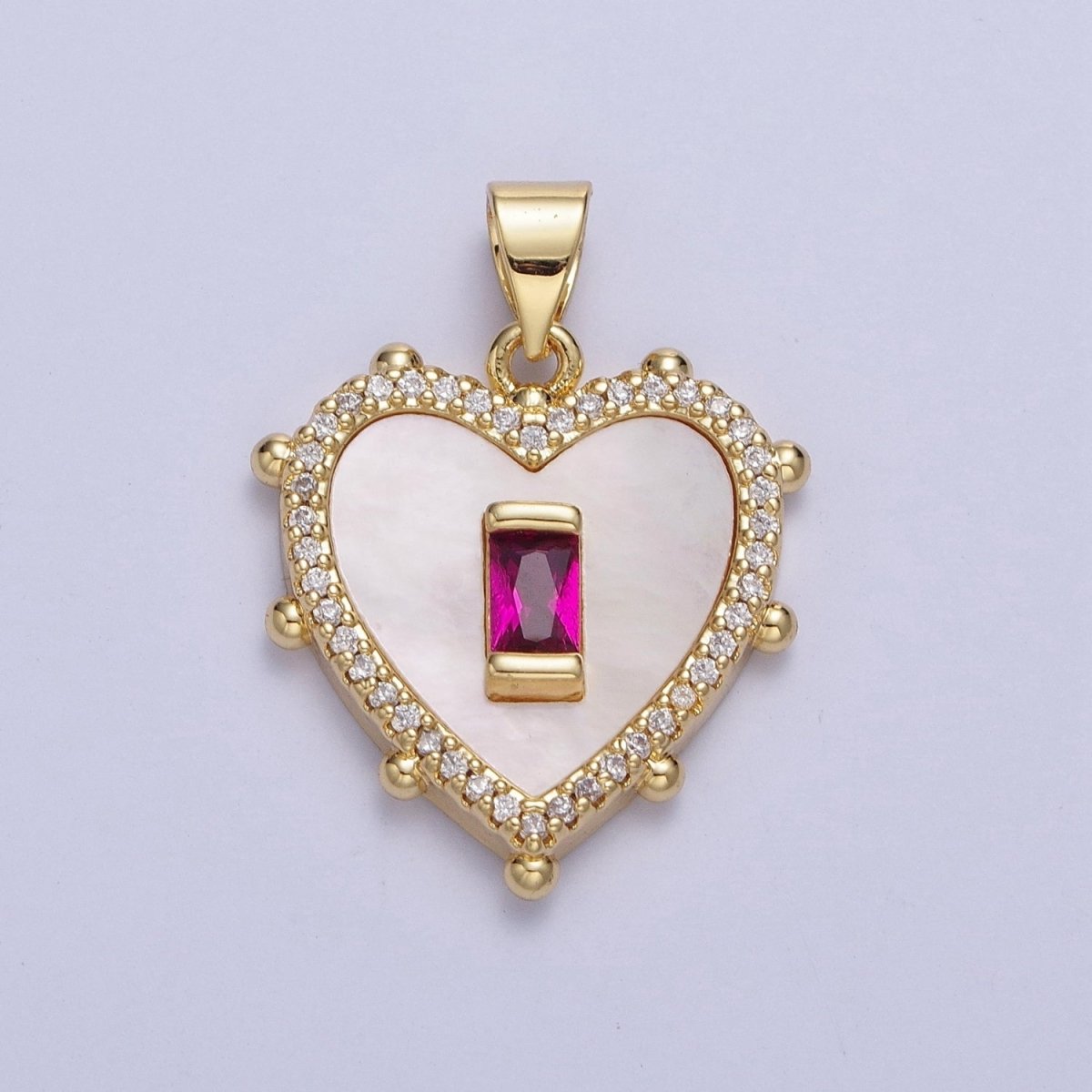 Gold Micro Paved Heart Shell Pendant Charm with Fuchsia, Green, Black, Turquoise Baguette Cubic Zirconia For Valentine | X-415-X-418 - DLUXCA