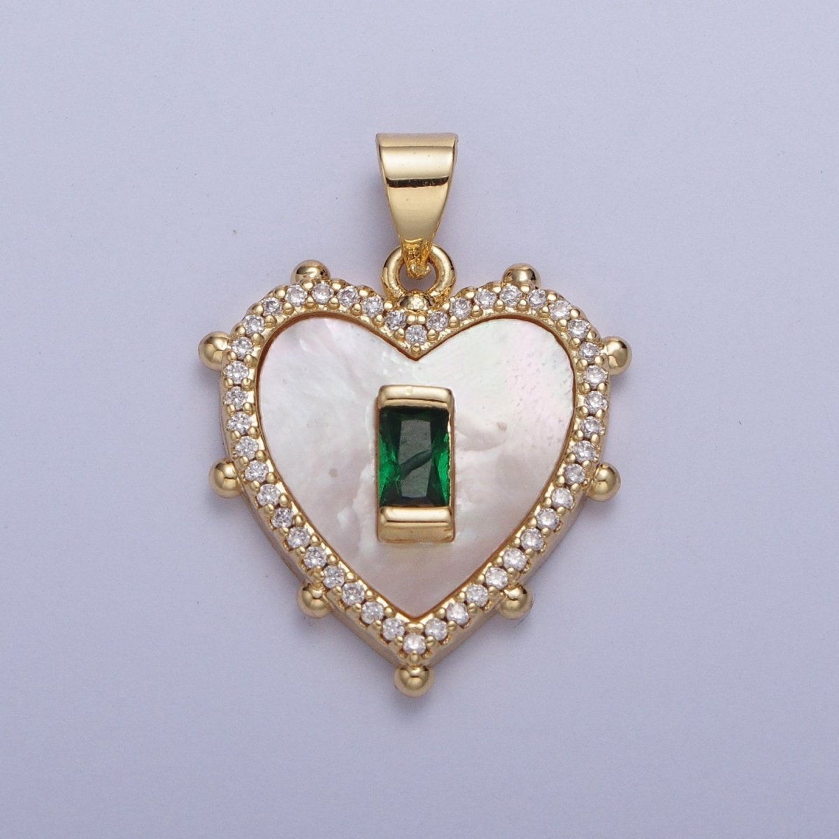 Gold Micro Paved Heart Shell Pendant Charm with Fuchsia, Green, Black, Turquoise Baguette Cubic Zirconia For Valentine | X-415-X-418 - DLUXCA