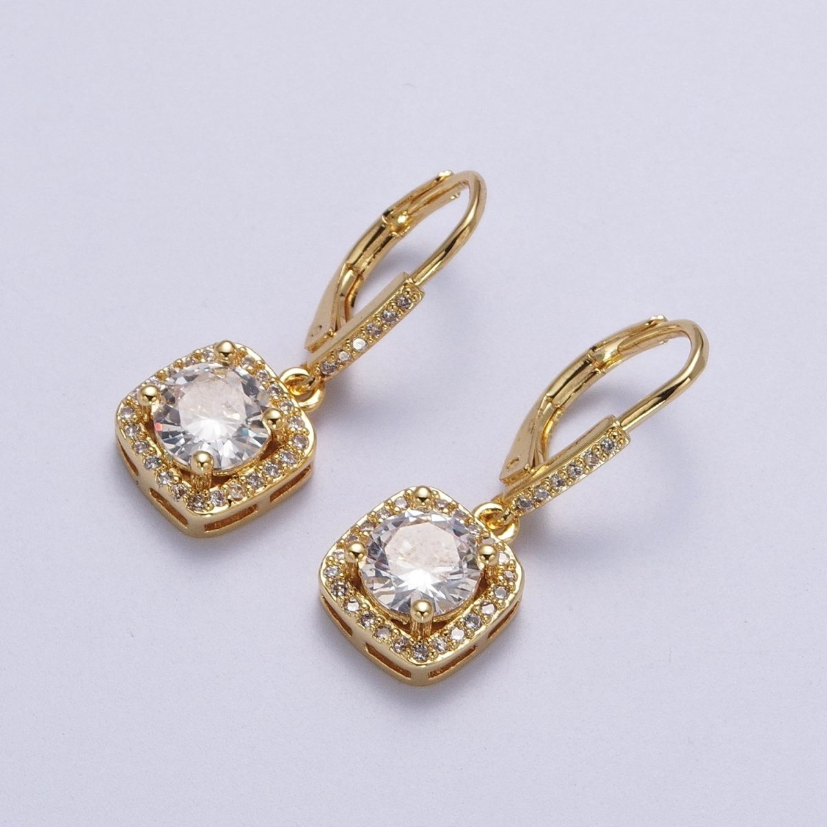 Gold Micro Paved Square Cubic Zirconia Hoop Charm Drop Earrings | Y-074 - DLUXCA