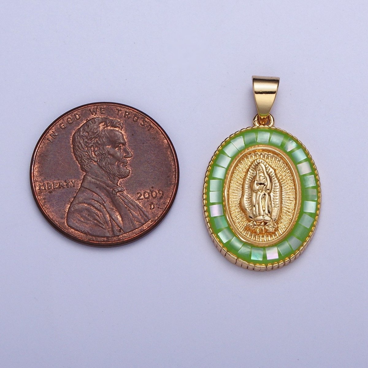 Gold Miraculous Mother Virgin Mary Opal Oval Pendant For Religious Jewelry | X-510-X-515 - DLUXCA