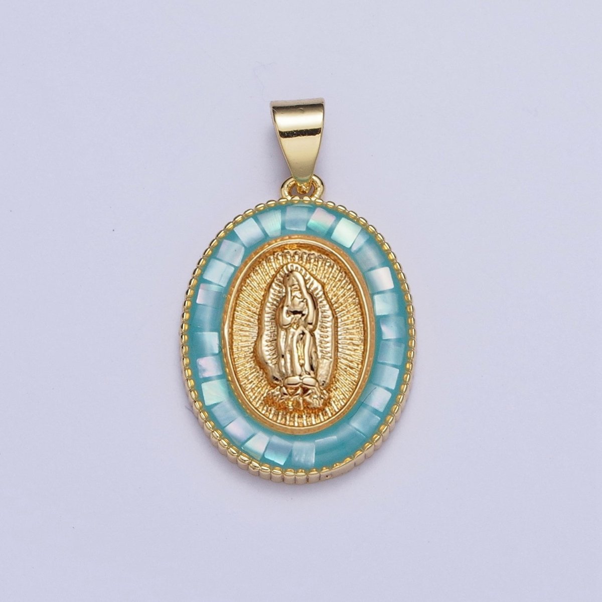 Gold Miraculous Mother Virgin Mary Opal Oval Pendant For Religious Jewelry | X-510-X-515 - DLUXCA