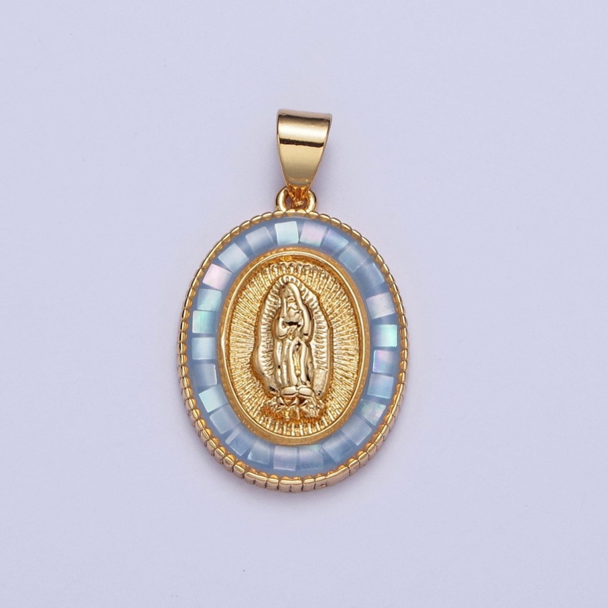 Gold Miraculous Mother Virgin Mary Opal Oval Pendant For Religious Jewelry | X-510-X-515 - DLUXCA