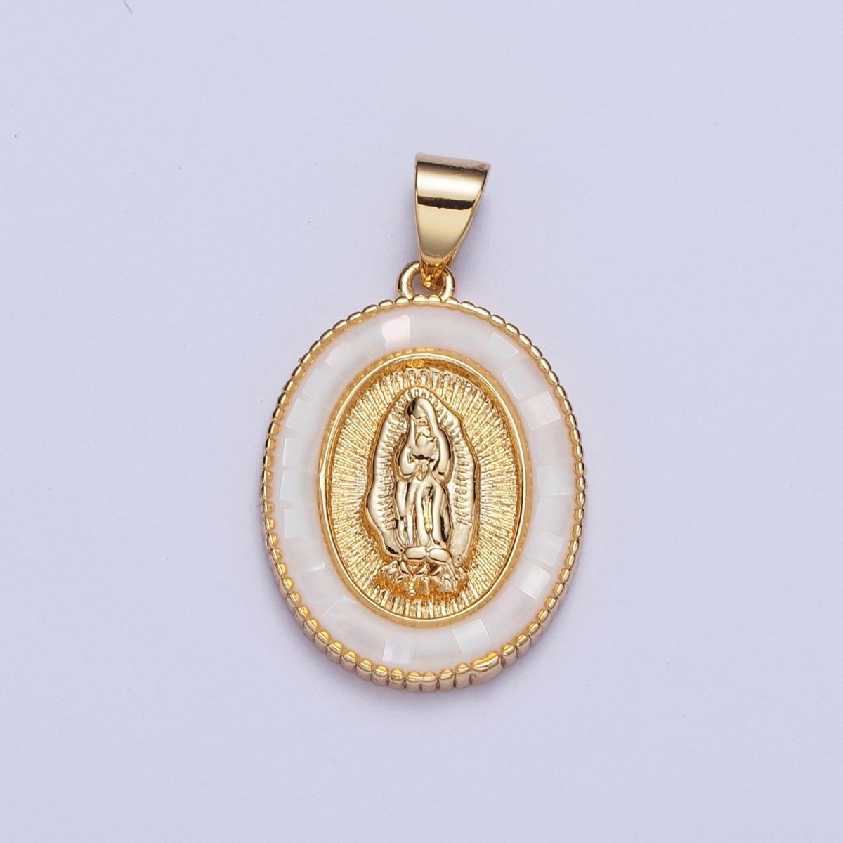 Gold Miraculous Mother Virgin Mary Opal Oval Pendant For Religious Jewelry | X-510-X-515 - DLUXCA