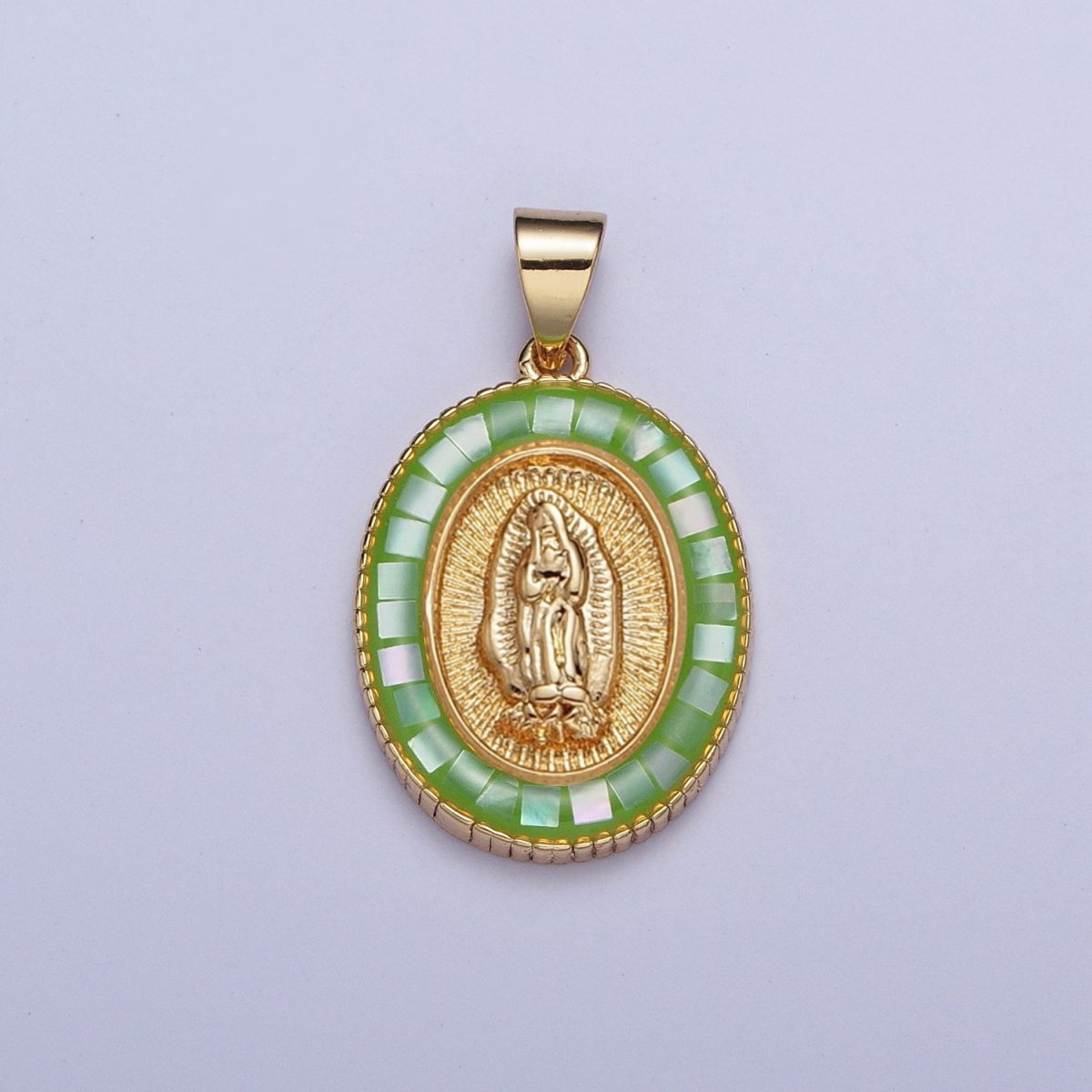 Gold Miraculous Mother Virgin Mary Opal Oval Pendant For Religious Jewelry | X-510-X-515 - DLUXCA