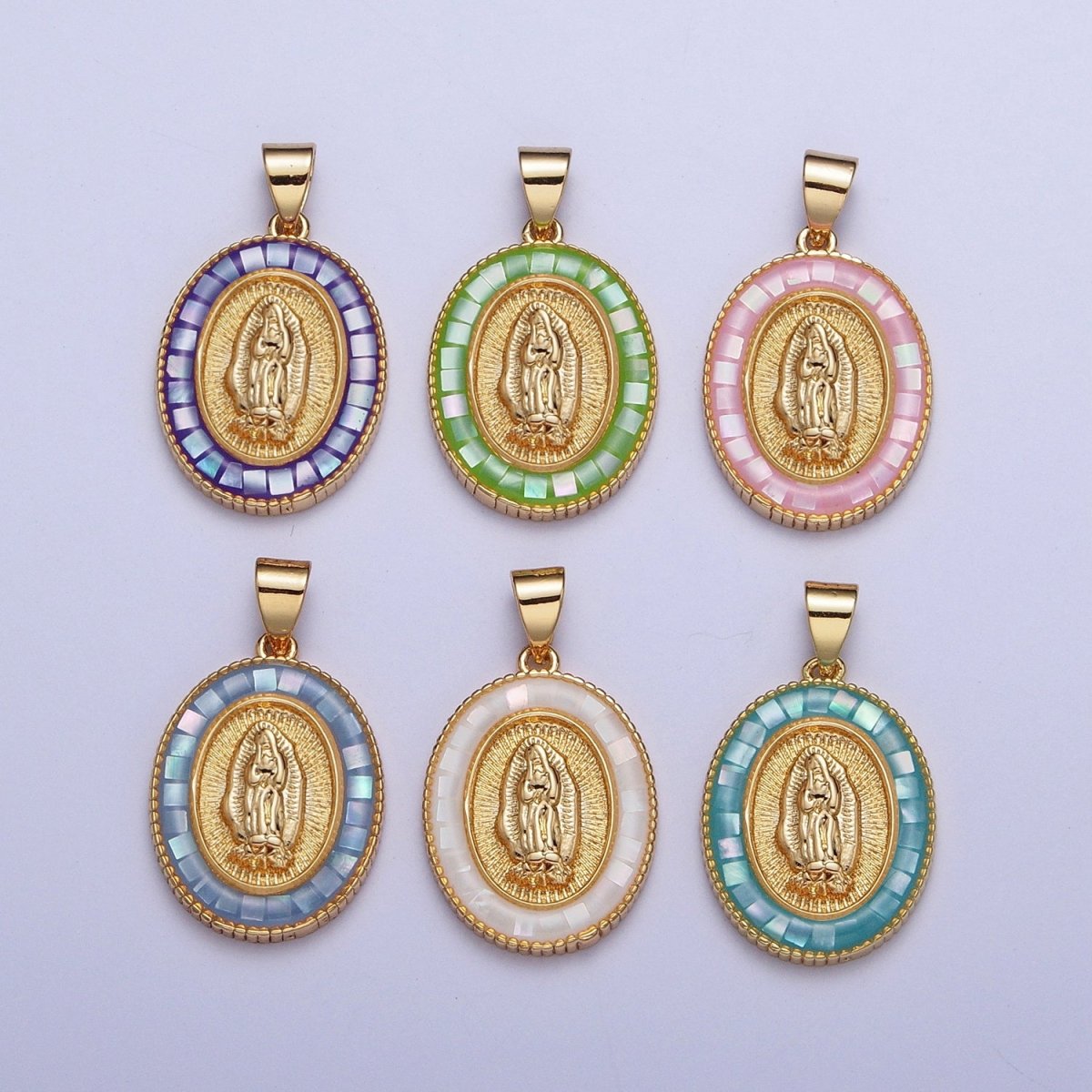 Gold Miraculous Mother Virgin Mary Opal Oval Pendant For Religious Jewelry | X-510-X-515 - DLUXCA