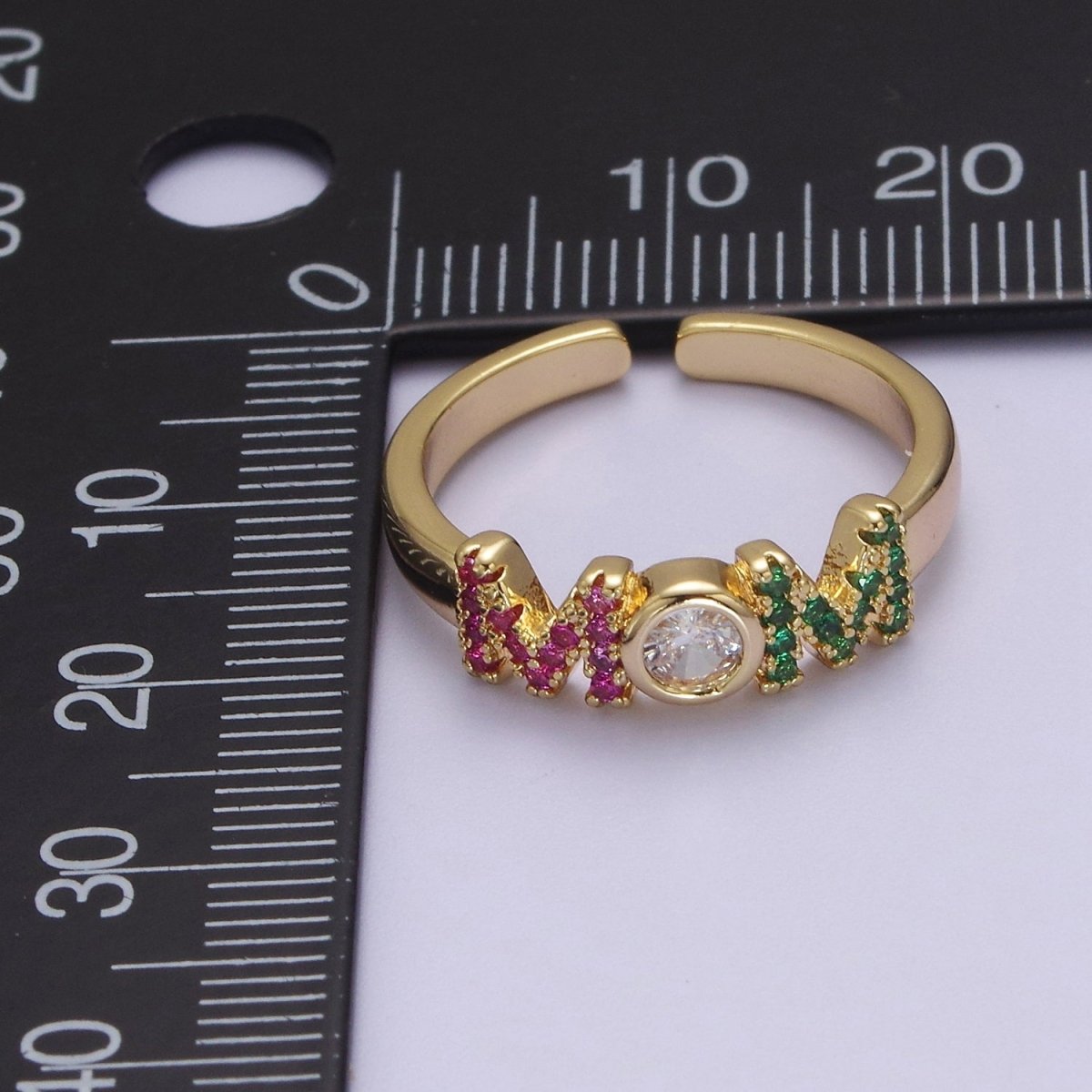 Gold Mom Script Ring Pink / Green Cz Gold Filled Ring Open Adjustable for Mother Day Gift S-524 - DLUXCA