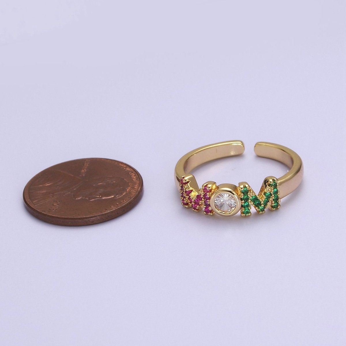 Gold Mom Script Ring Pink / Green Cz Gold Filled Ring Open Adjustable for Mother Day Gift S-524 - DLUXCA