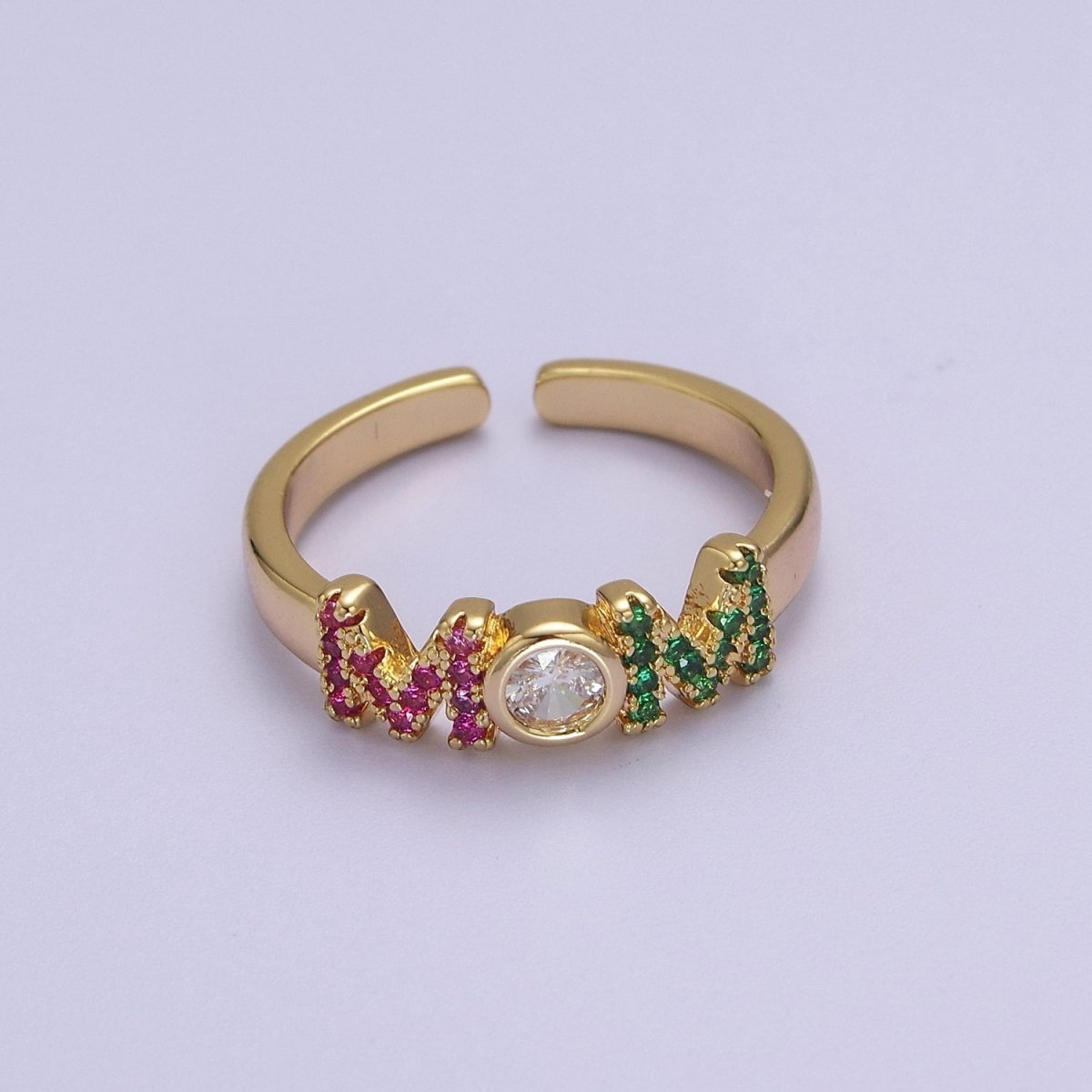 Gold Mom Script Ring Pink / Green Cz Gold Filled Ring Open Adjustable for Mother Day Gift S-524 - DLUXCA