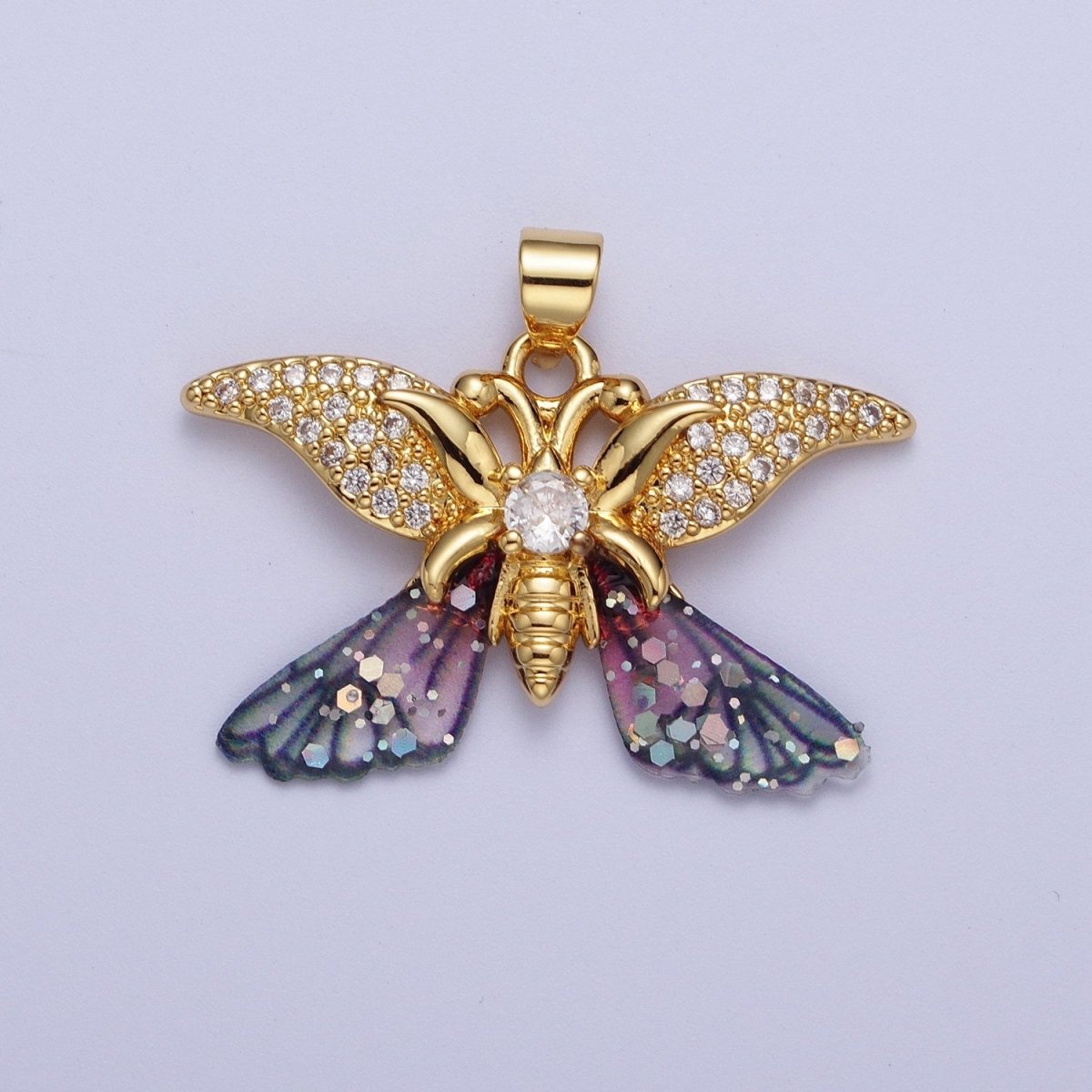 Gold Monarch Fairy Butterfly Micro Paved Fuchsia / Blue Wings Pendant H-641 H-642 - DLUXCA