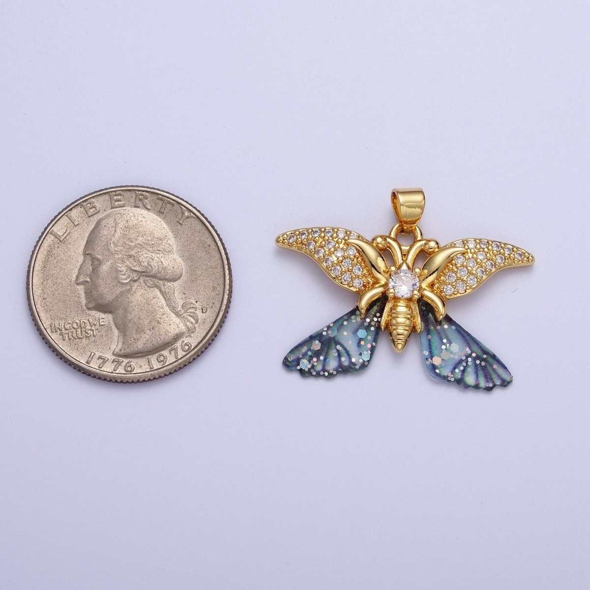 Gold Monarch Fairy Butterfly Micro Paved Fuchsia / Blue Wings Pendant H-641 H-642 - DLUXCA