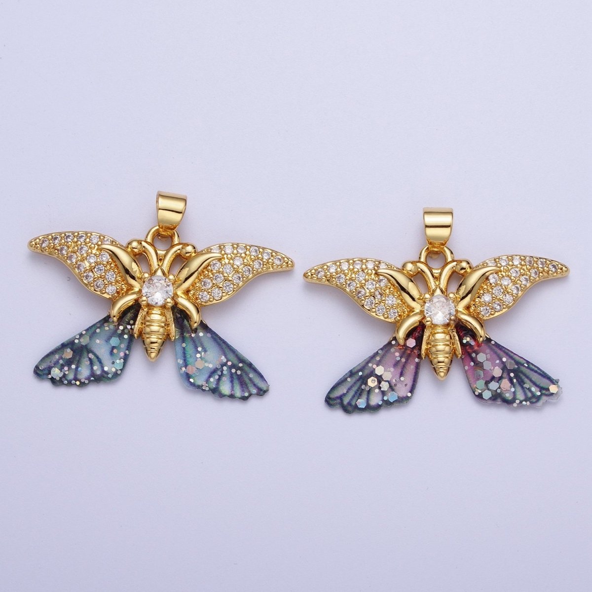 Gold Monarch Fairy Butterfly Micro Paved Fuchsia / Blue Wings Pendant H-641 H-642 - DLUXCA