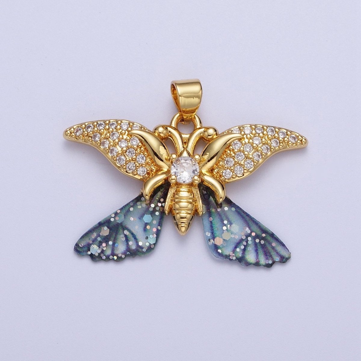 Gold Monarch Fairy Butterfly Micro Paved Fuchsia / Blue Wings Pendant H-641 H-642 - DLUXCA