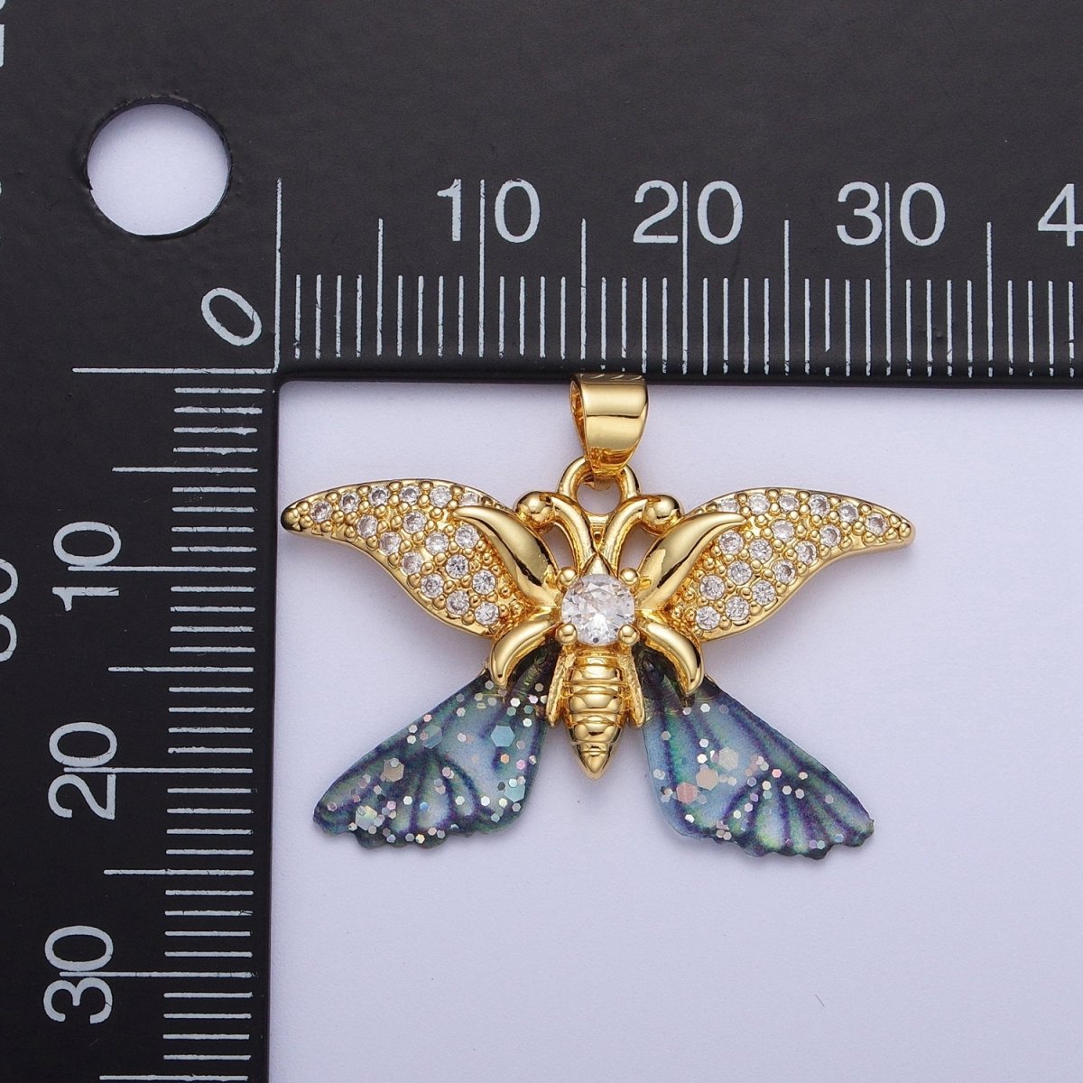 Gold Monarch Fairy Butterfly Micro Paved Fuchsia / Blue Wings Pendant H-641 H-642 - DLUXCA