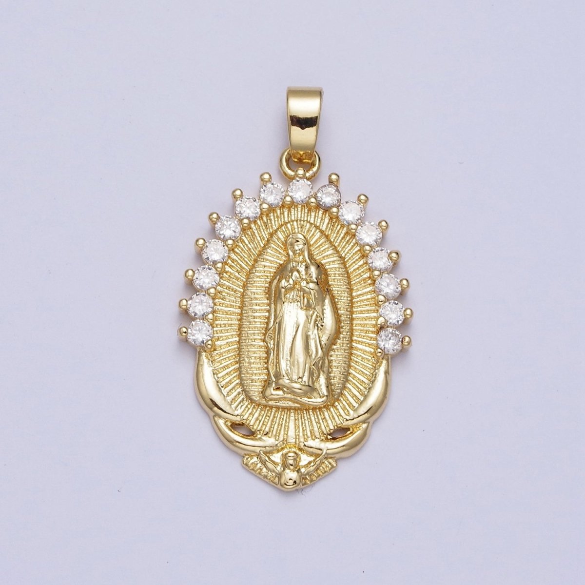 Gold Mother Virgin Mary Catholic Bijoux Sunburst Cubic Zirconia Lined Pendant For DIY Jewelry Making | X-522 - DLUXCA