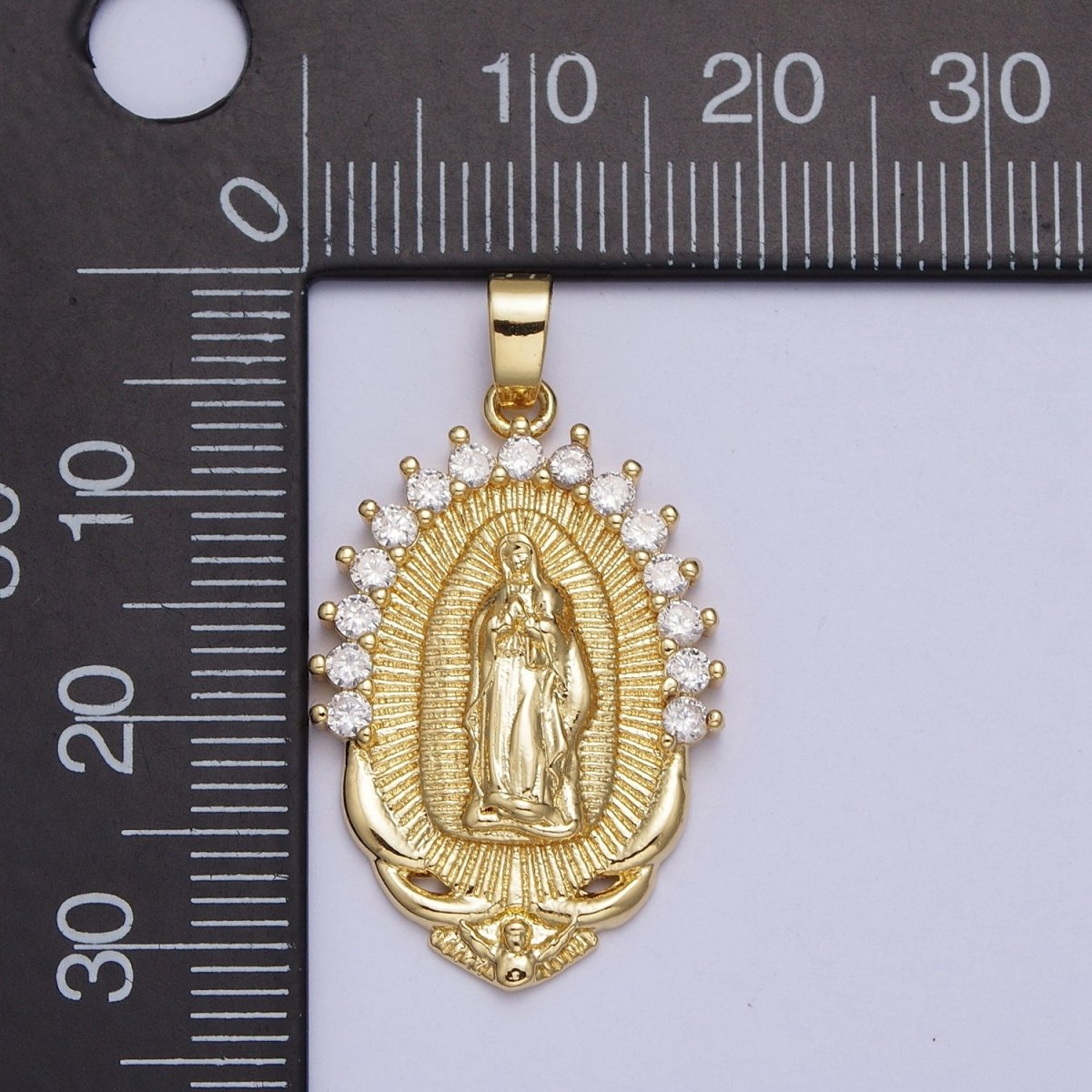 Gold Mother Virgin Mary Catholic Bijoux Sunburst Cubic Zirconia Lined Pendant For DIY Jewelry Making | X-522 - DLUXCA