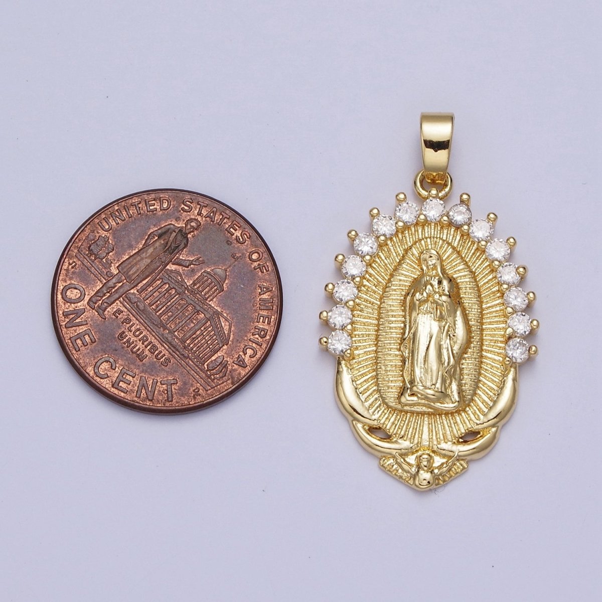 Gold Mother Virgin Mary Catholic Bijoux Sunburst Cubic Zirconia Lined Pendant For DIY Jewelry Making | X-522 - DLUXCA