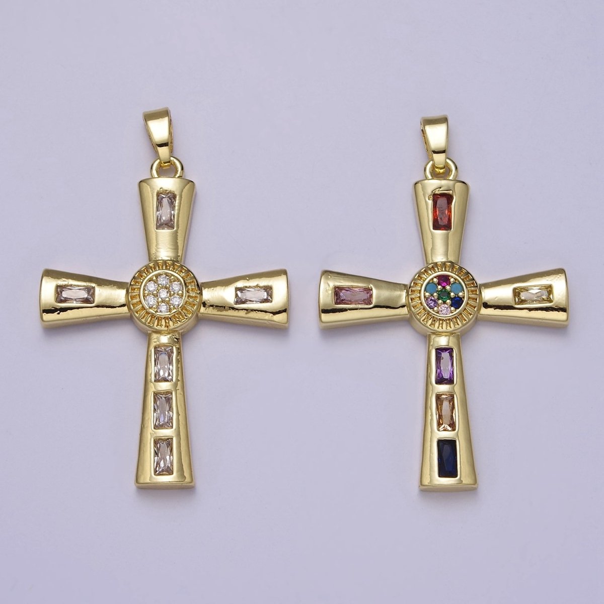 Gold Multicolor/Clear Baguette Cubic Zirconia CZ Religious Cross Pendant Charm For Jewelry Necklace Making, J-593 J-594 - DLUXCA