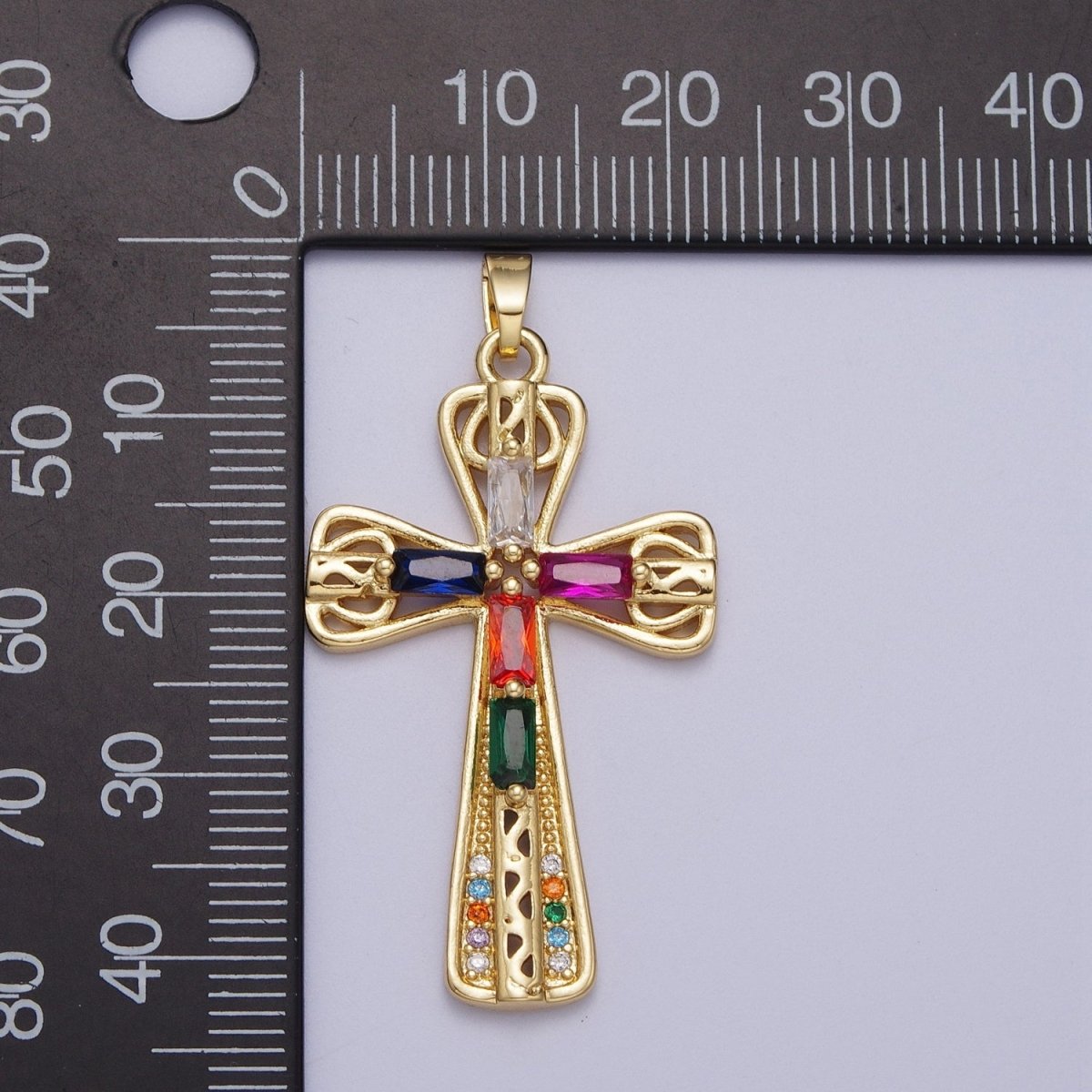 Gold Multicolor/Clear Cross Micro Paved Round Baguette CZ Religious Pendant For Jewelry Making | X-544 X-545 - DLUXCA
